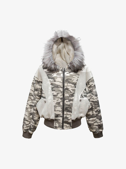 Camouflage Spliced Fur Hooded Fleece Jacket - 2262 