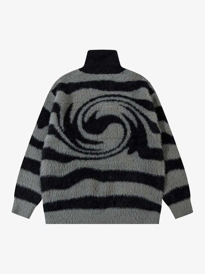 Thesupermade Stand Collar Striped Zip Up Fleece Sweater 