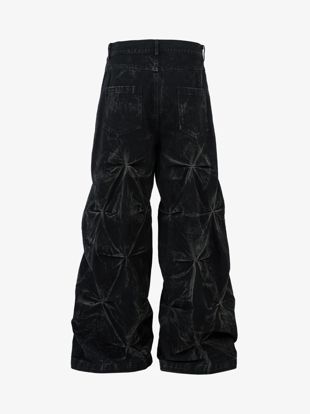 Denim Heavy Washed Distressed Pleated Baggy Jeans - 2282 