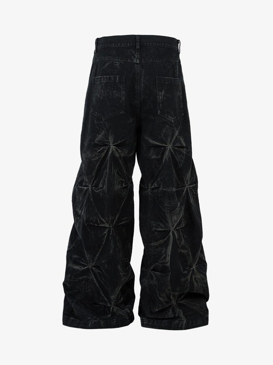 Heavy Washed Distressed Pleated Baggy Jeans - 2282 
