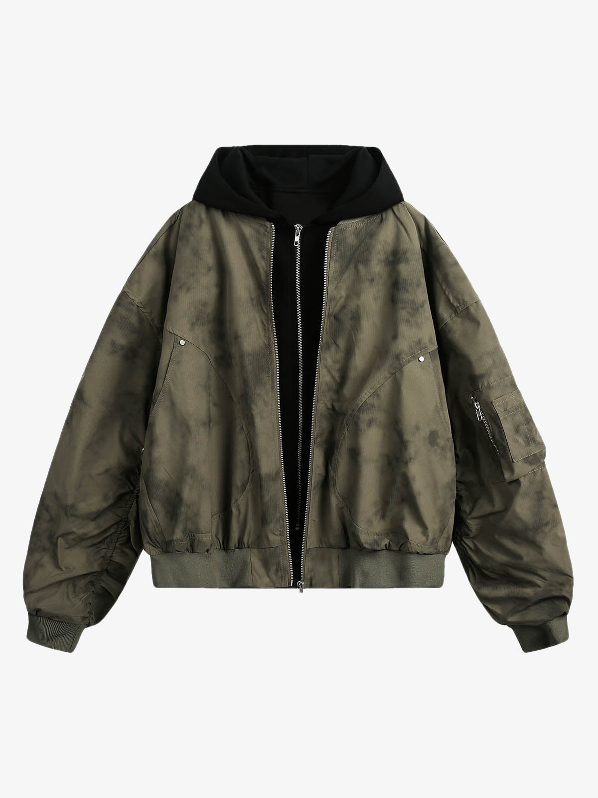Patchwork Faux Two Piece Gradient Hooded Bomber Jacket