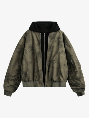 Patchwork Faux Two-Piece Gradient Hooded Bomber Jacket 