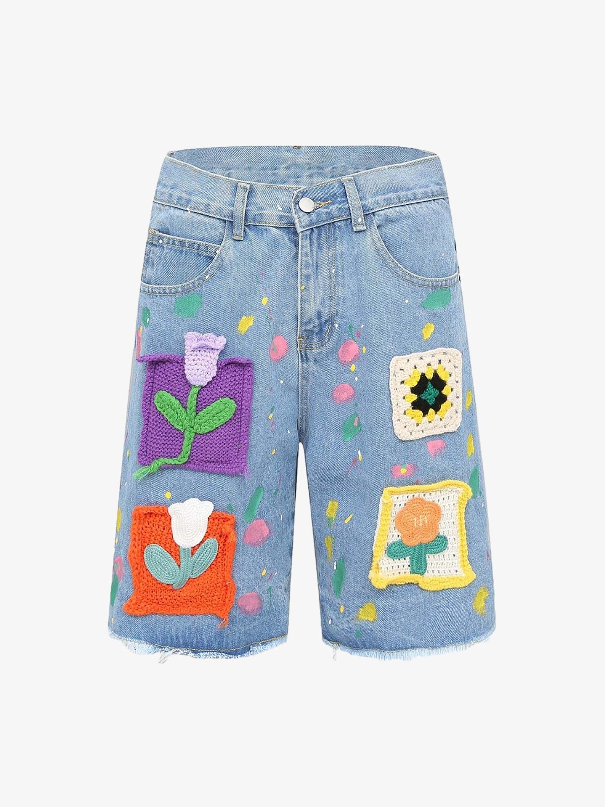 Street Patch Flower Embroidered Cat Whiskers Denim Shorts- 2032 