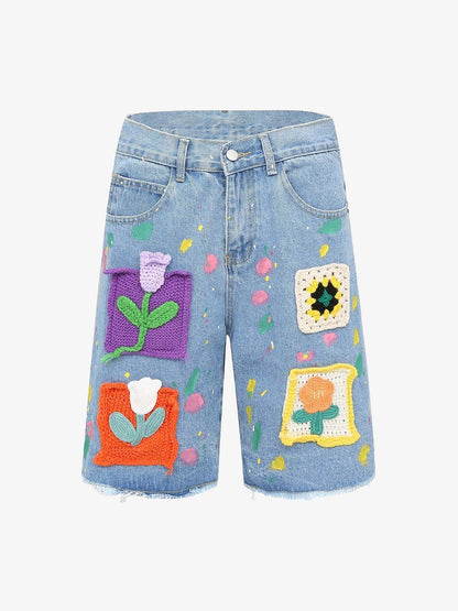 Street Patch Flower Embroidered Cat Whiskers Denim Shorts- 2032 