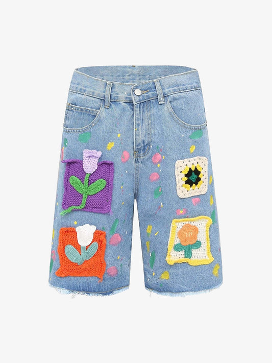 Street Patch Flower Embroidered Cat Whiskers Denim Shorts- 2032 