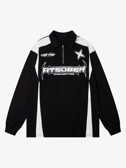 Thesupermade Star Color-Blocking Long Sleeve Quarter Zipper Shirt 