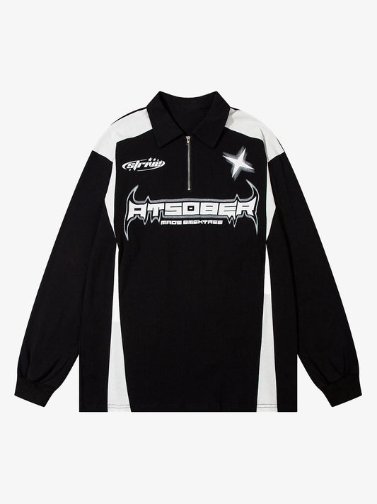 Thesupermade Star Color-Blocking Long Sleeve Quarter Zipper Shirt 