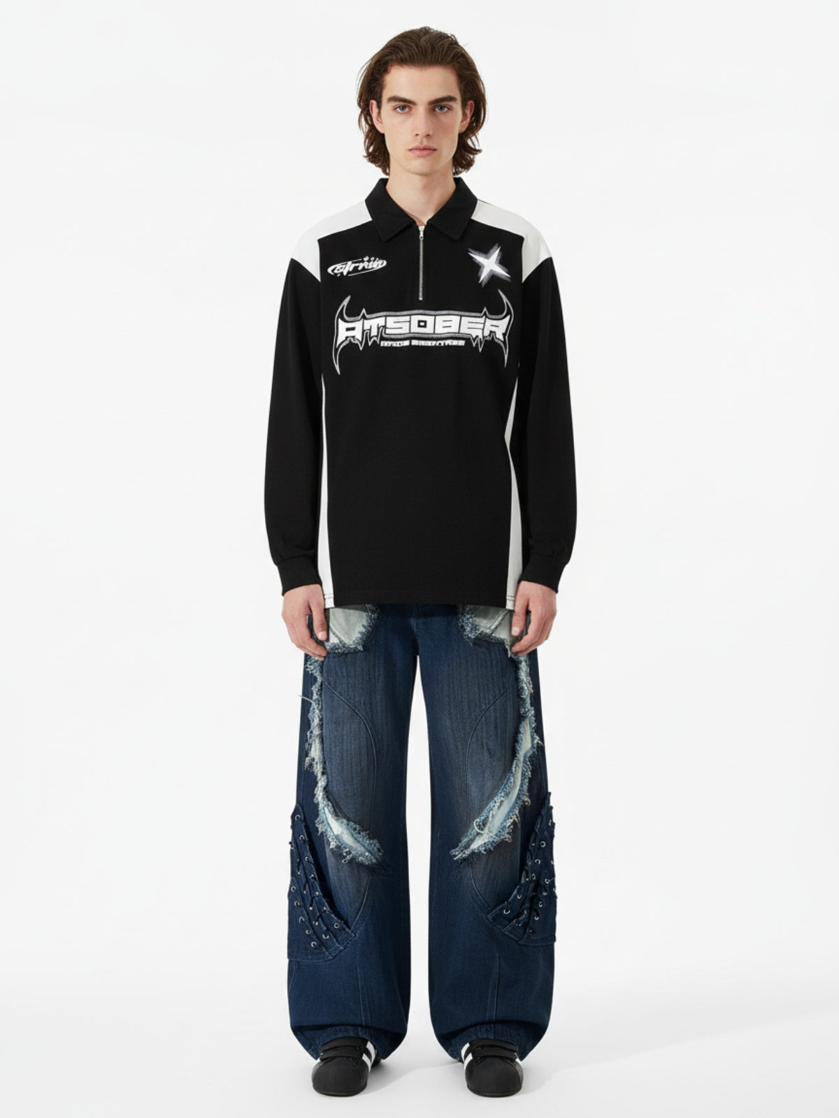 Thesupermade Star Color-Blocking Long Sleeve Quarter Zipper Shirt 