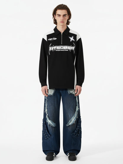 Thesupermade Star Color-Blocking Long Sleeve Quarter Zipper Shirt 