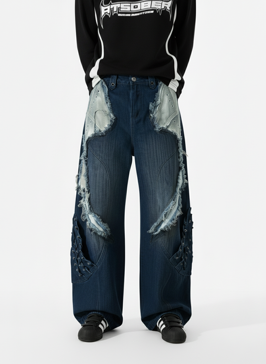 Retro Distressed Studded Heavy-Duty Functional Jeans 