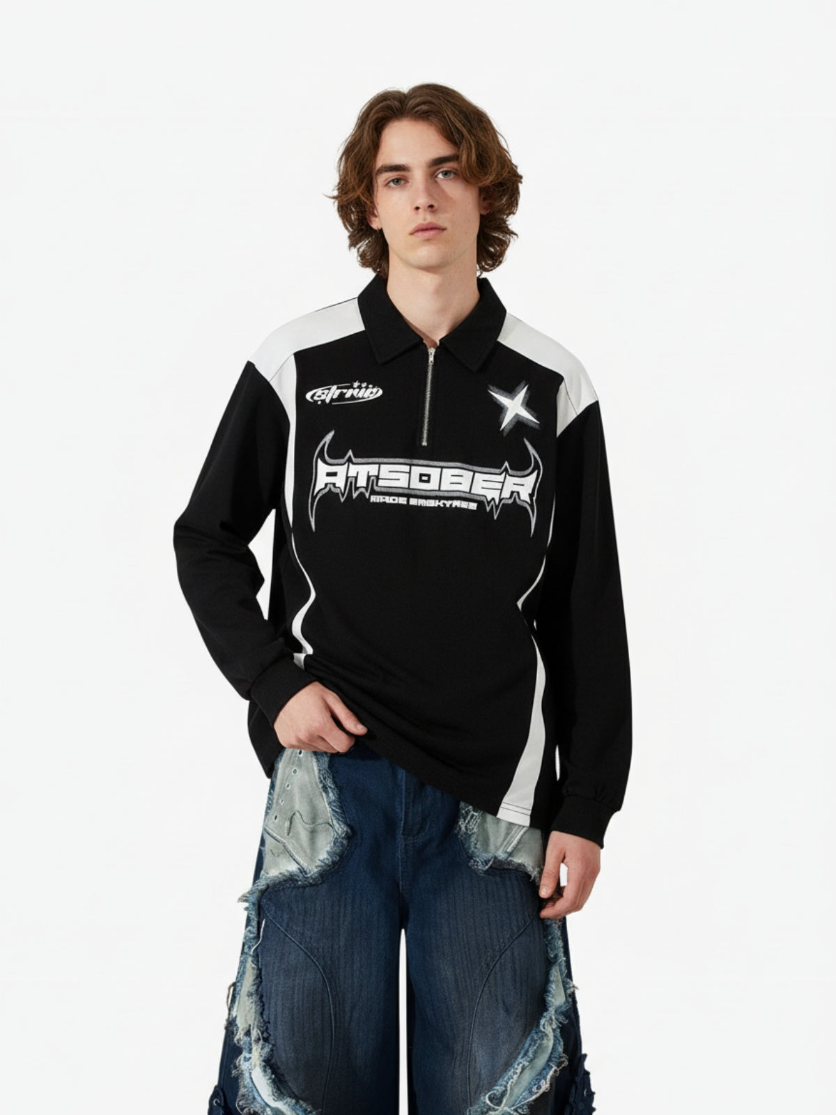 Thesupermade Star Color-Blocking Long Sleeve Quarter Zipper Shirt 