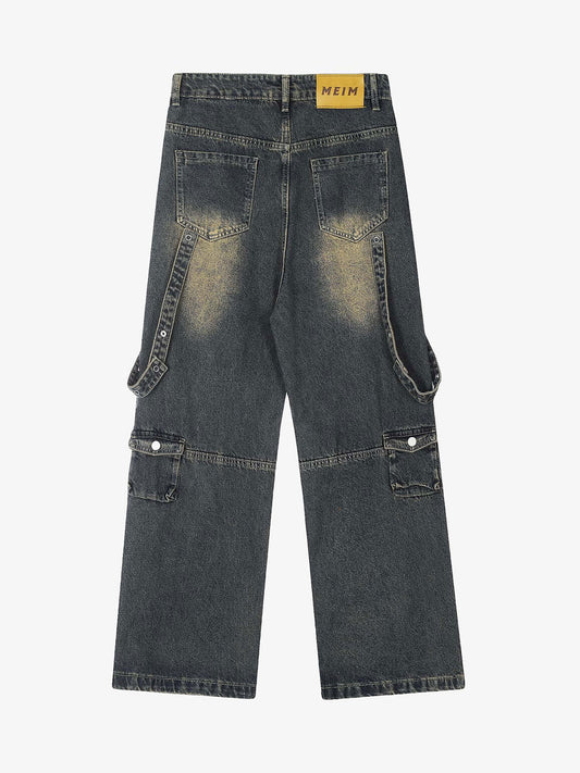 Thesupermade Vintage Washed Web Rivets Hip-Hop Jeans 