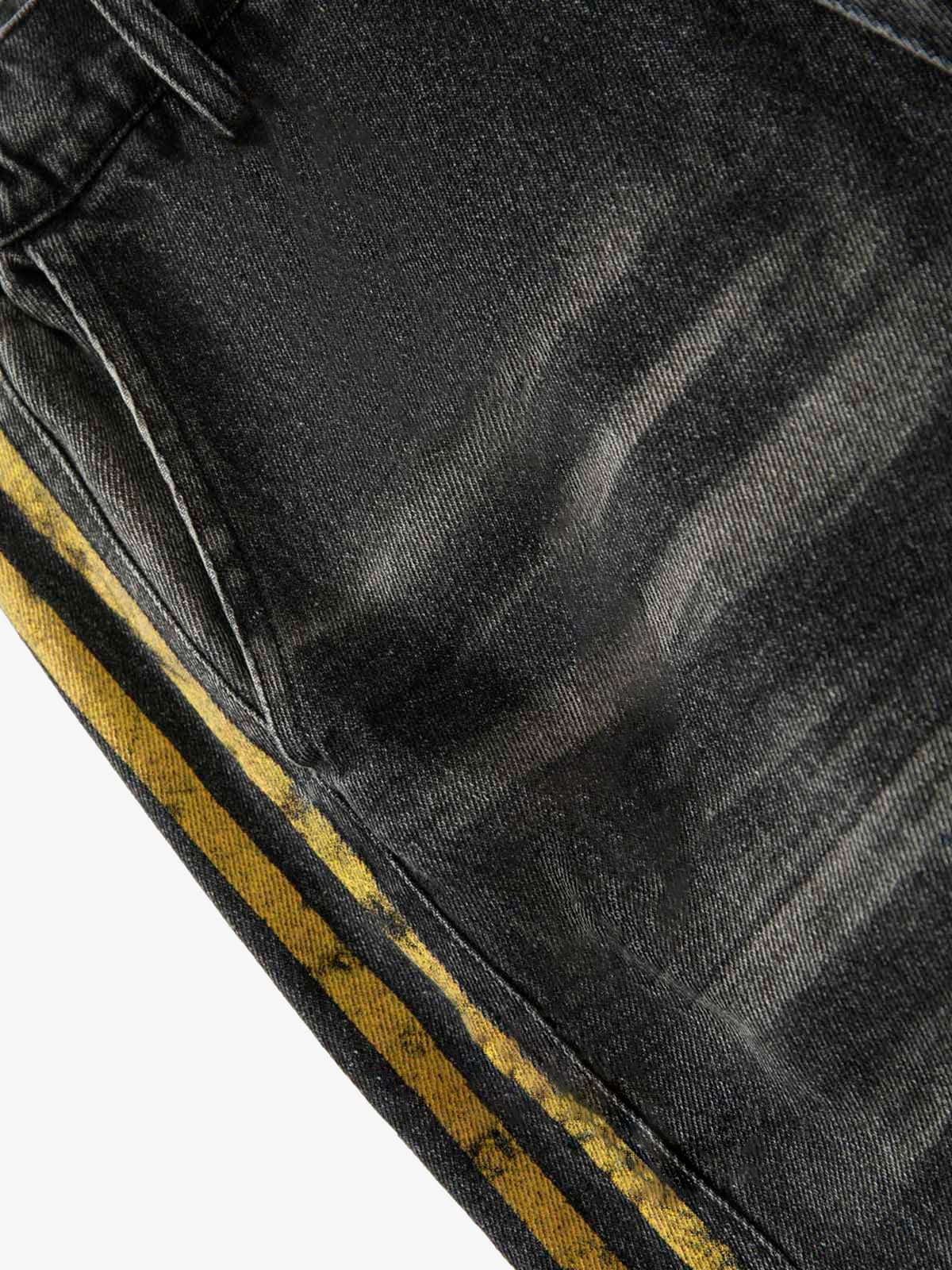 Distressed Striped Side Chain Patchwork Ripped Straight Jeans - 2391 