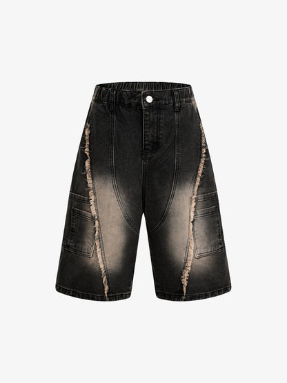 Washed Distressed Raw Edge Denim Jorts 