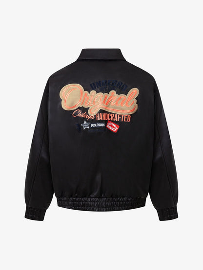Thesupermade Lettering Embroidered Leather Bomber Jacket 