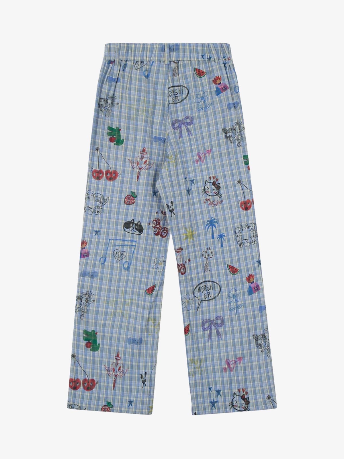 Fun Floral and Fruit Prints Plaid Pants 