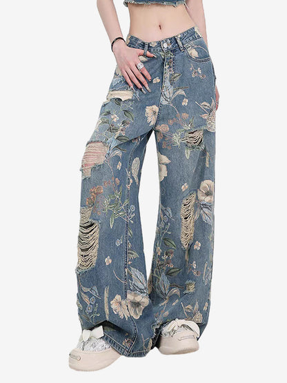 Vintage Washed Distressed Floral Ripped Baggy Jeans 