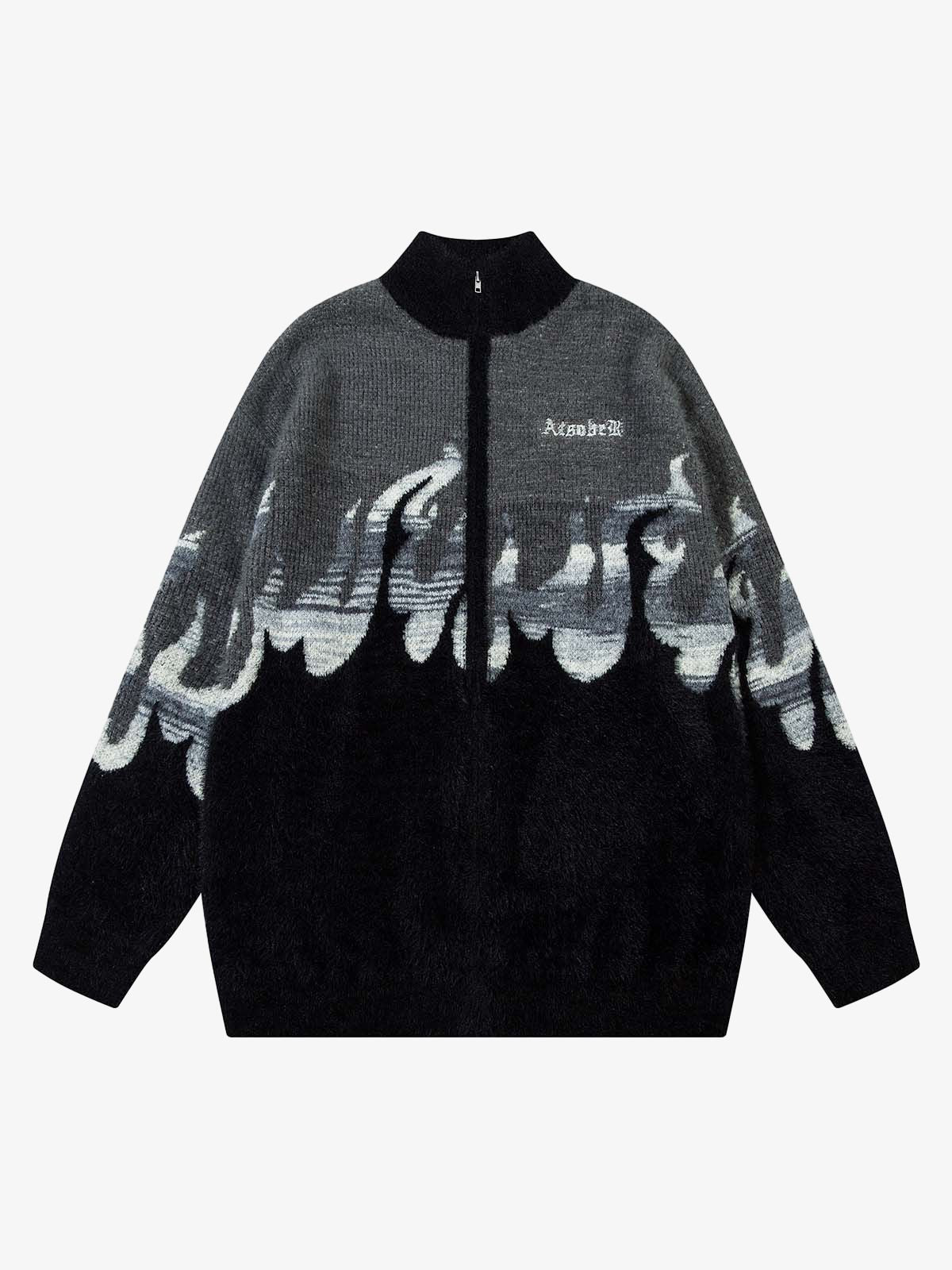 Thesupermade Flame Embroidery Fuzzy Zipper Sweater 