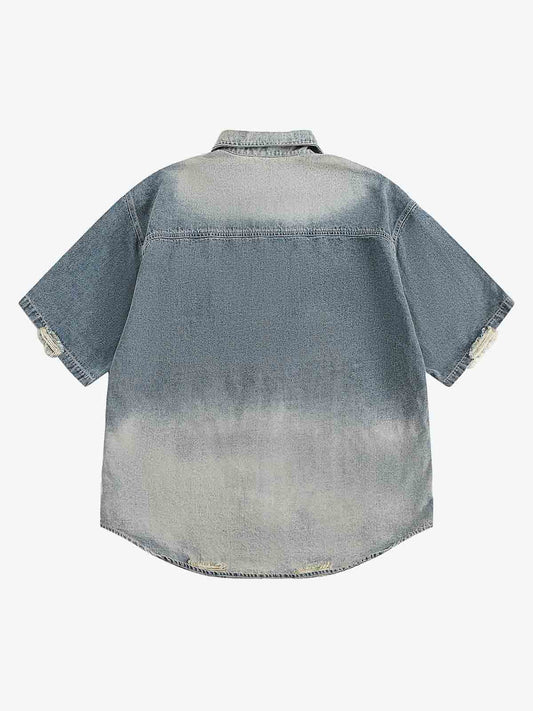 Ripped Embroidered Floral Denim Shirt 