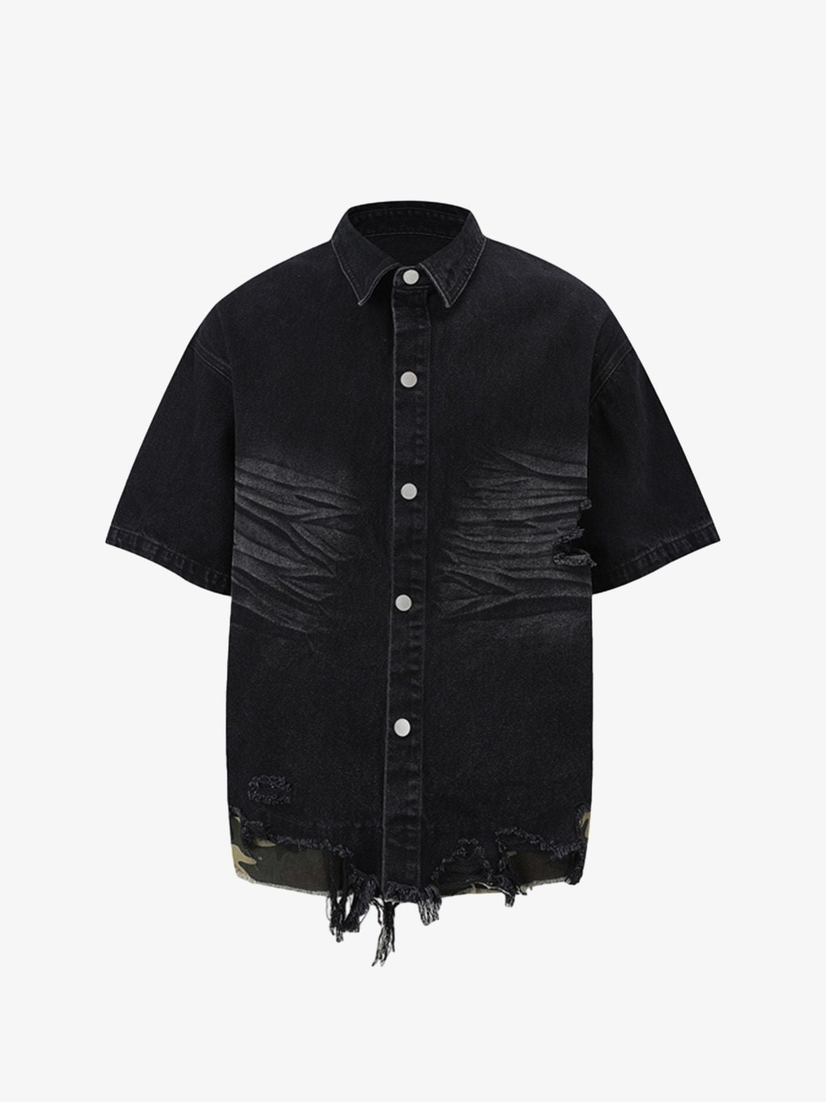 Distressed Denim Ripped Short-Sleeve Shirt 