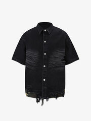 Distressed Denim Ripped Short-Sleeve Shirt 
