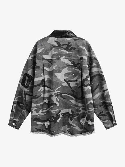 Camouflage Ripped Lace Denim Shirt 