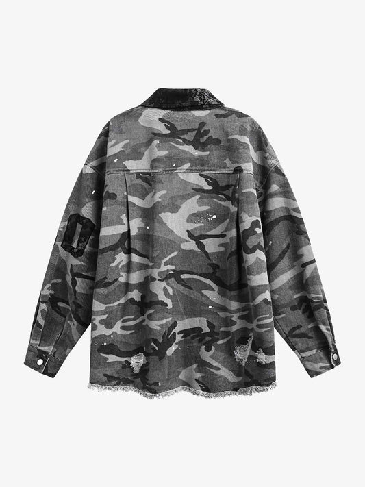 Camouflage Ripped Lace Denim Shirt 