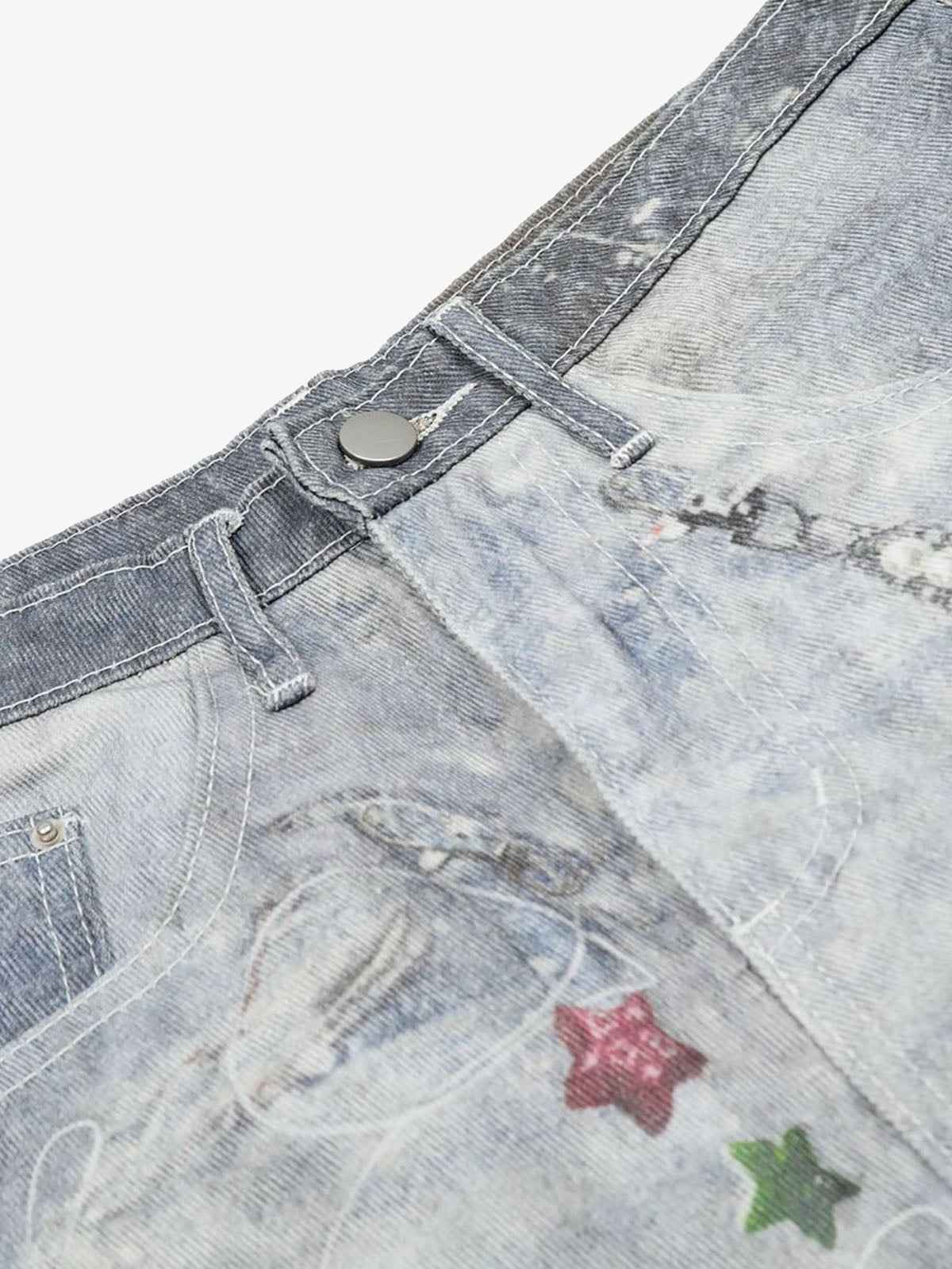 Thesupermade American Street 3D Print Retro Washed Denim Shorts 