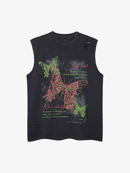 Distressed Graphic Butterfly Print Vest 
