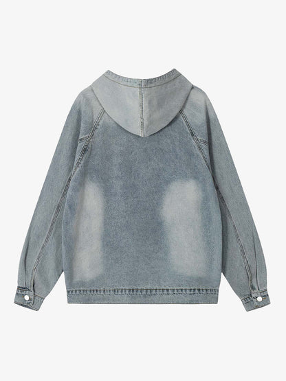 Embroidered Washed Distressed Denim Hoodie 