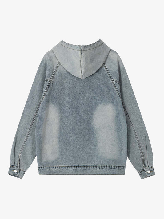 Embroidered Washed Distressed Denim Hoodie 