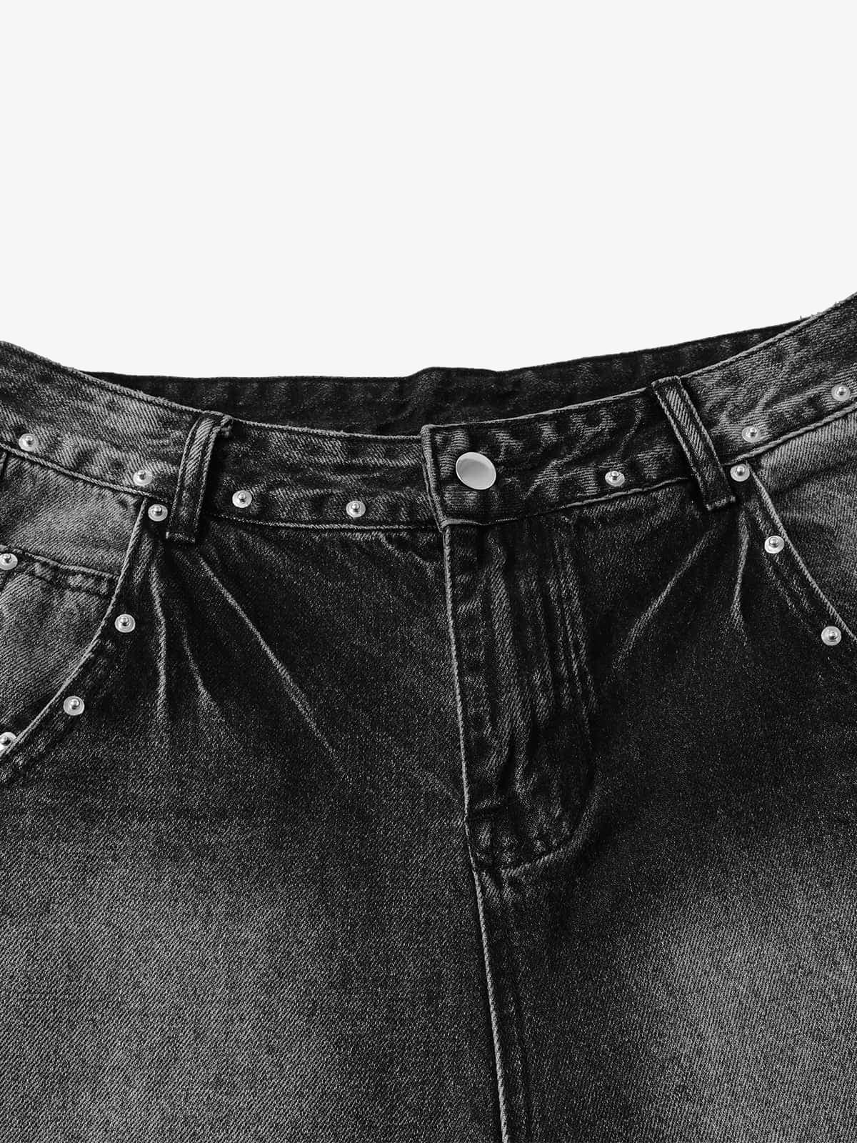 Washed Distressed Rivet Denim Cropped Jorts 