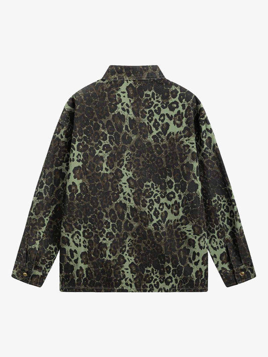 Retro Cheetah Print Workwear Long-Sleeve Shirt 