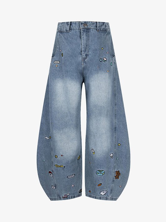 Fun Embroidered Barrel Jeans 