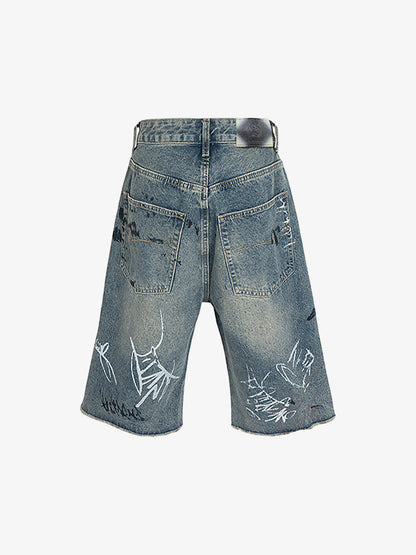 Ripped Hand-Painted Graffiti Ripped Jorts 