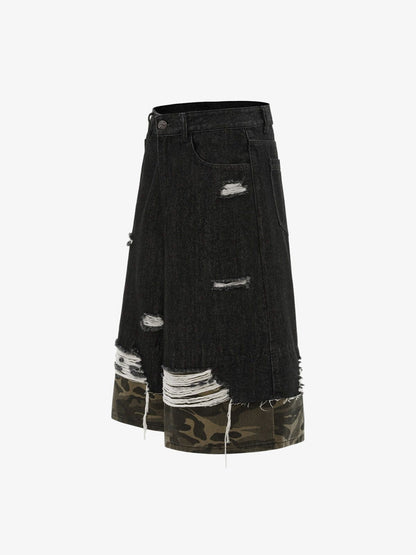 Patchwork Camouflage Ripped Denim Jorts 