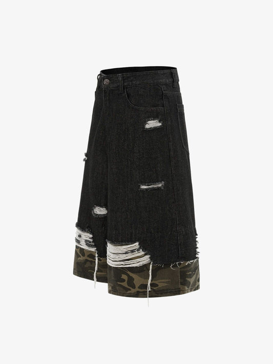 Patchwork Camouflage Ripped Denim Jorts 