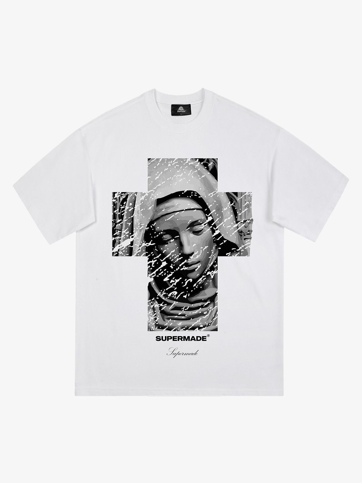 Original Retro Virgin Mary Mottled Cross Print T-Shirt 