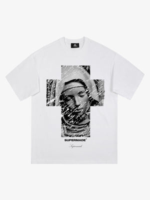 Original Retro Virgin Mary Mottled Cross Print T-Shirt 