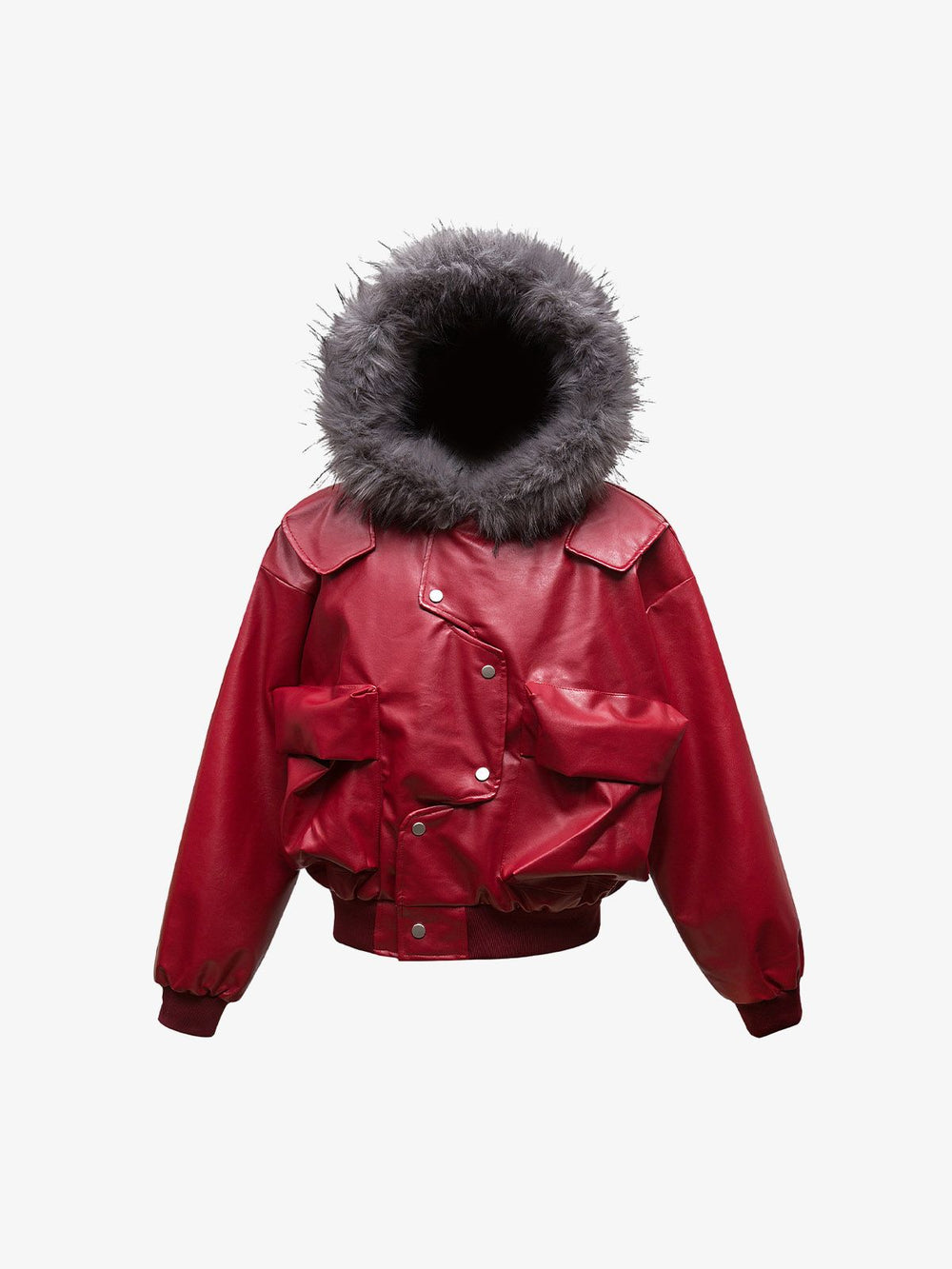 Deconstructed Multi Pocket Fur Hooded PU Leather Jacket - 2566 