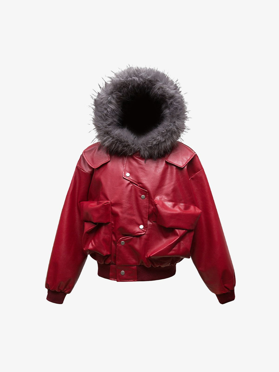 Deconstructed Multi Pocket Fur Hooded PU Leather Jacket - 2566 