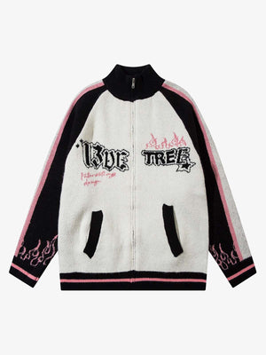 Thesupermade Contrast Color Jacquard Mock Neck Zipper Sweater 