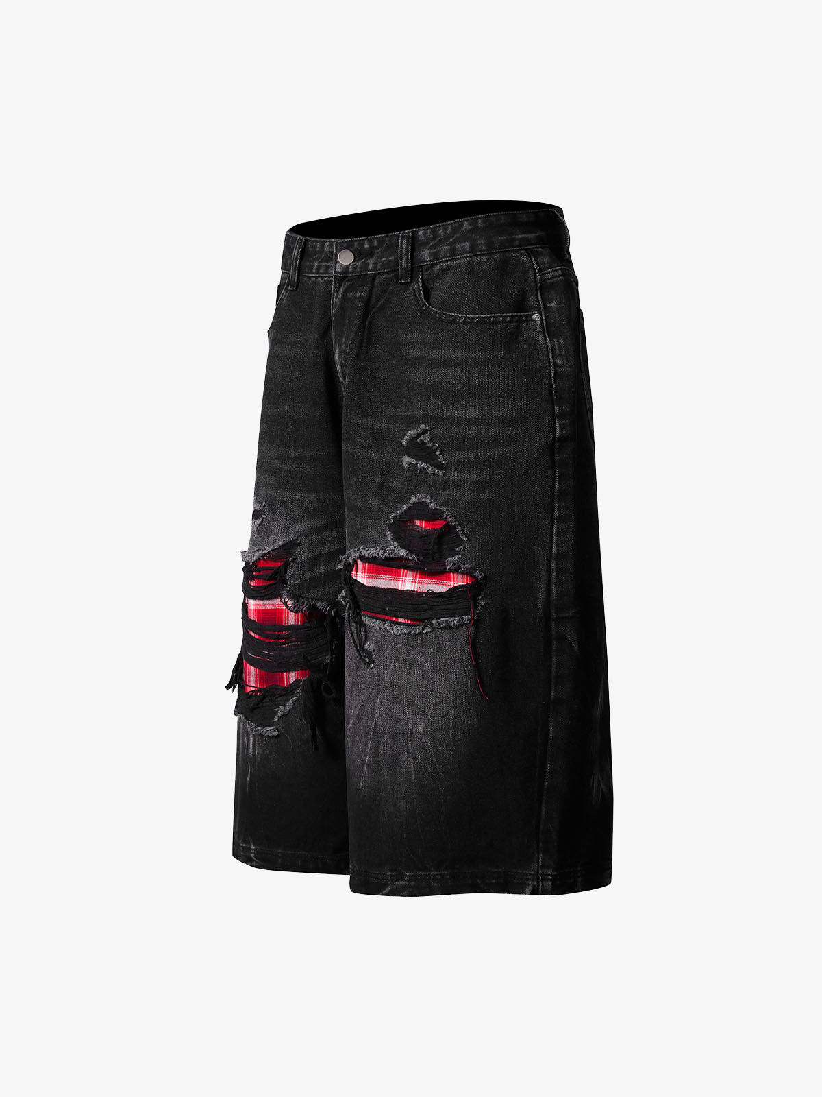Retro Ripped Contrast Plaid Denim Shorts 