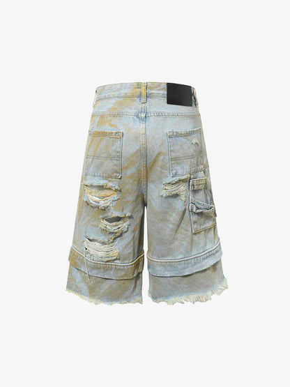 Distressed Tie-Dye Denim Shorts 