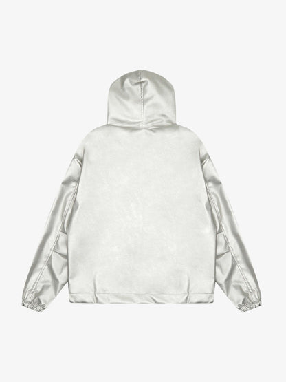Thesupermade Silver Leather  Motorcycle Hooded Jacket 