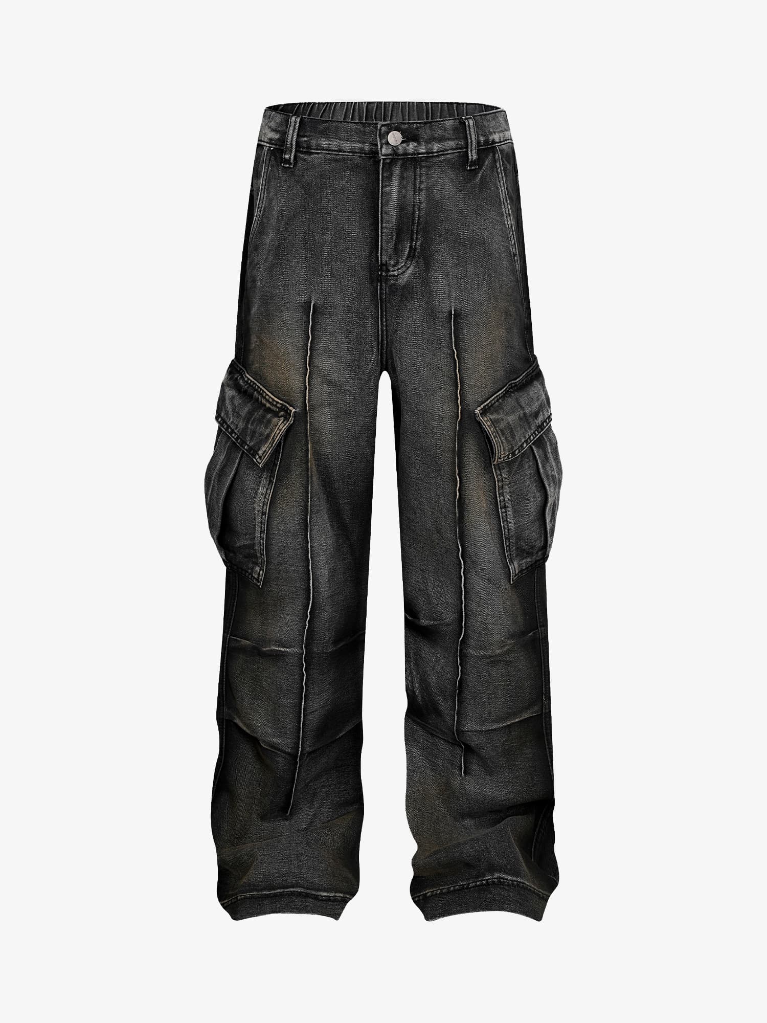 Washed Distressed Pleated Cargo Jeans 