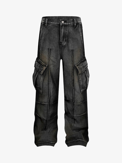 Washed Distressed Pleated Cargo Jeans 