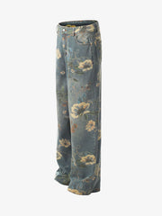 Denim Floral Print Carpenter Jeans - 2237 