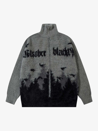 Thesupermade Faux Mink Fur Forest Bird High Collar Zipper Sweater 