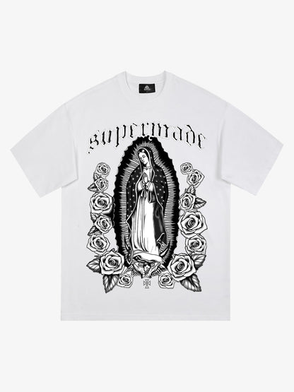 Original Retro Gothic Virgin Mary Floral Print T-Shirt 